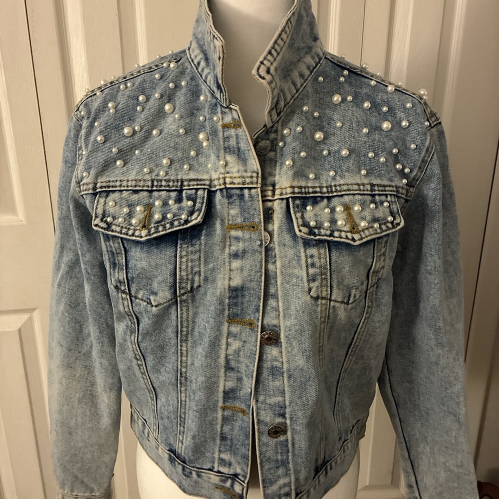 Pearl Studded Light Blue Denim Jacket
